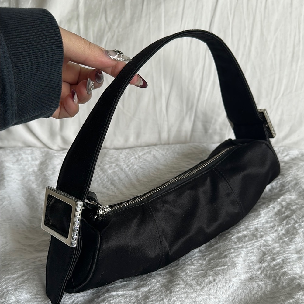 BY FAR Black Satin Shoulder Bag with Rhinestones